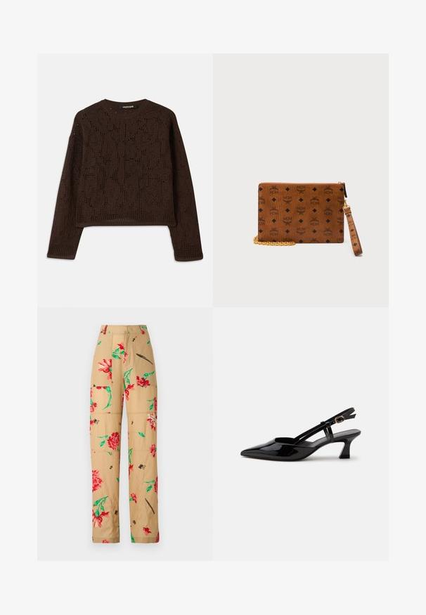 Pull en tricot marron avec un motif en openwork texturé, un col rond et des manches longues. Ourlet court et coupe décontractée.; Pantalons à motif floral avec un fond beige, ornés de fleurs rouges et vertes et d'accents noirs. Design ample avec des poches latérales.; Chaussure slingback en cuir verni noir à petit talon, bout pointu et bride réglable avec boucle dorée sur fond blanc.; Bracelet en cuir marron avec motif logo MCM noir, fermeture éclair dorée, une bandoulière détachable et un détail chaîne dorée sur fond blanc.