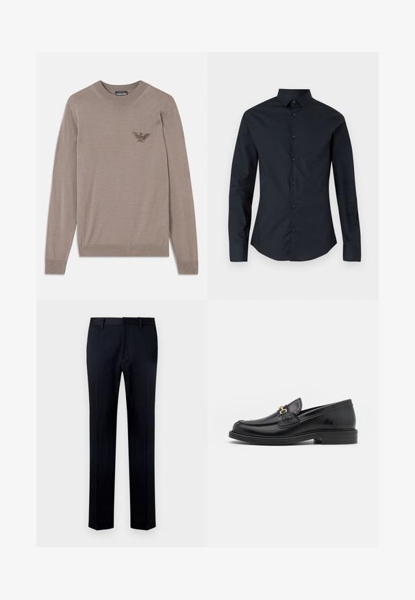 Beige sweater med lange ærmer, rund hals, ribbede kanter og et broderet logo på brystet. lavet af et blødt, let stof.; Sort langærmet skjorte med spidse krave, frontknaplukning og slank pasform. Lavet af glat stof med subtil logo-broderi.; Sorte bukser lavet af glat stof, med lige ben, linning med bæltestropper og lynlås i skridtet til lukning.; Sorte læder loafers med en rund tå, der har guld hardware accent og syningsdetaljer, placeret på en lav, tekstureret gummisål.
