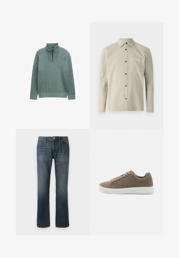 Zwart-pullover met lange mouwen van gebreid materiaal, gemaakt van een gestructureerde groene stof en voorzien van een kwart rits bij de hoge kraag, gepresenteerd tegen een effen achtergrond.; Langsleeve blouse in lichtbeige stof. Heeft een puntige kraag, een borstzak en zwarte knopen. Eenvoudig, gestructureerd ontwerp.; Donkerblauwe spijkerbroek met een recht model. Kenmerken zijn onder andere vijf zakken, contrasterende stiksels, en een sluiting met een knoop en rits aan de voorkant.; Bruine suède sneakers met platte witte rubberen zolen, vetersluiting, ronde neus en een gladde textuur. Minimalistische stijl met subtiele stikdetails.