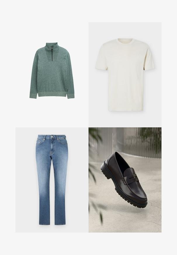 Langærmet strikpullover lavet af et struktureret grønt stof med en kvart lynlås ved den høje krave, præsenteret på en ensfarvet baggrund.; Simpel, off-white T-shirt med korte ærmer og rund hals, med diskret logo på venstre bryst, vist mod en hvid flad baggrund.; Lyseblå denimjeans med et lige snit. Har høj talje, fem lommer og diskret falmning på benene. Ensfarvet kant.; Brune læder loafers med en tekstureret, rippet gummisål. Har et slankt design og et dekorativt bånd over vristen.