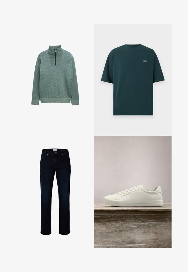 Langærmet strikpullover lavet af et struktureret grønt stof med en kvart lynlås ved den høje krave, præsenteret på en ensfarvet baggrund.; Mørkegrøn t-shirt med korte ærmer, rund hals og lille hvid cykel-ikon på venstre bryst.; Mørkeblå jeans med lige ben, forlommer, bæltestropper og knaplukning i taljen.; Hvide snørresneakers svævende over en træbænk med grønne planter i baggrunden, der fremhæver skodesign og tekstur.