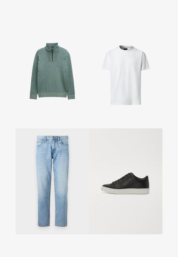 Langærmet strikpullover lavet af et struktureret grønt stof med en kvart lynlås ved den høje krave, præsenteret på en ensfarvet baggrund.; Hvid, kortærmet T-shirt med rund hals, vist forfra på hvid baggrund med synligt mærke indeni kraven.; Lyseblå denimjeans med lige ben, fem lomme-design, falmet tekstur og klassisk knap- og lynlåslukning.; Sorte lædersneakers med rund tå, flad hvid gummisål og seks huller til snørebånd. Glat overflade, minimalistisk stil.