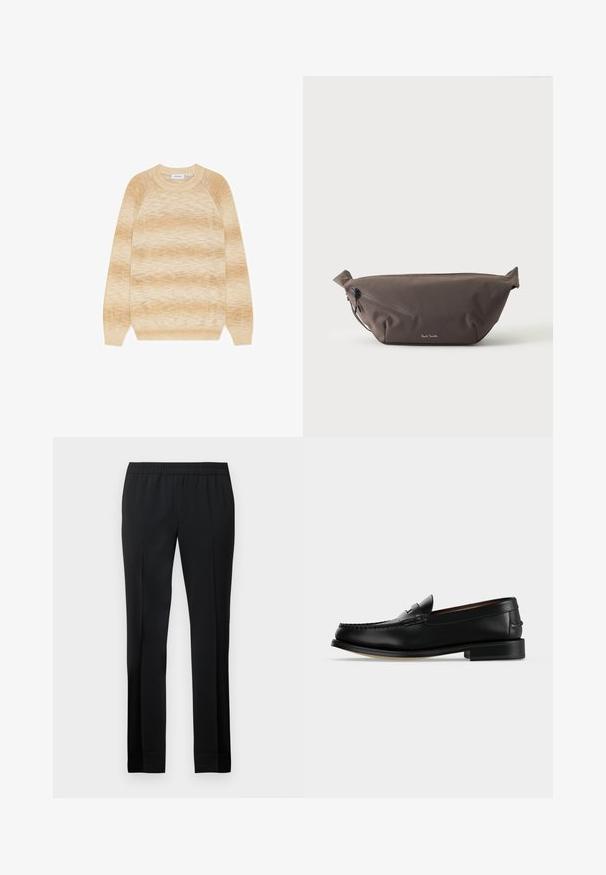 Pull dégradé beige et crème à manches longues, col rond, avec poignets et ourlet côtelés, posé à plat sur fond blanc.; Pantalon noir avec une taille élastique, jambes droites et une texture lisse. Présente des lignes épurées et ne comporte pas de poches visibles ni d'ornementations.; Mocassin homme en cuir noir avec un petit talon et une couture de style mocassin sur l'avant, vu de côté sur un fond uni.; Sac banane en tissu marron foncé avec poche zippée en diagonale et petit logo blanc sur le devant, sur un fond clair uni.