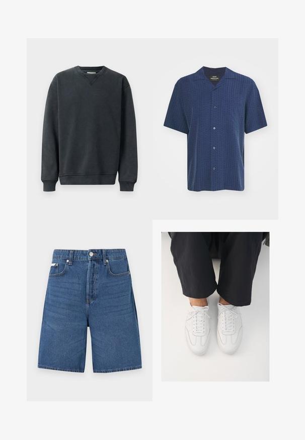 Sweatshirt gris foncé avec un col rond, des manches longues, des poignets côtelés et une texture lisse. Présente un détail en v discret au niveau du col.; Chemise à manches courtes de couleur bleu marine foncé avec un motif texturé, à l'avant boutonnée et col camp. Présente une poche poitrine et un tissu lisse.; Short en denim bleu clair avec fermeture éclair devant, bouton, passants de ceinture et cinq poches, présenté sur fond blanc uni.; Baskets blanches en cuir avec une texture lisse, bout rond et système de laçage classique, positionnées au-dessus de pantalons sombres et amples.
