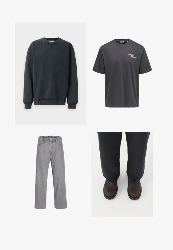 Sweatshirt gris foncé avec un col rond, des manches longues, des poignets côtelés et une texture lisse. Présente un détail en v discret au niveau du col.; T-shirt gris foncé à manches courtes avec "Trattoria Remo's" en petites lettres blanches et roses sur le côté gauche de la poitrine.; Pantalon en denim gris avec une coupe décontractée et ample. Il présente un design traditionnel à cinq poches et une fermeture à bouton à la taille.; Chaussures en cuir brun à lacets avec une pointe arrondie, semelle en caoutchouc noir et détails texturés, associées à un pantalon ample de couleur foncée.
