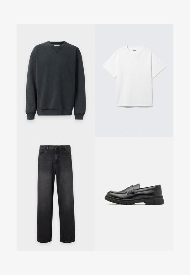 Mørkegrå sweatshirt med rund hals, lange ærmer, ribbede manchetter og en glat tekstur. Har en diskret V-syning ved halsudskæringen.; Hvid kortærmet crewneck T-shirt lagt fladt ud, ensfarvet design, med "WEEKDAY" mærkat inde i kraven på en lys baggrund.; Mørkegrå denim jeans med lige ben, der har lynlås i gylpen, fem lommer og diskrete falmende detaljer på stoffet.; Sort læder loafersko med en bred rem over forfoden, gummisål med tykke mønstre og glat overflade. Klassisk, slankt design.