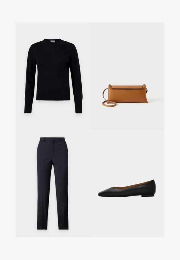 Pull en tricot noir avec un col rond et des manches longues. Présente une texture lisse et des poignets côtelés, offrant une coupe et un design classiques.; Pantalons ajustés bleu marine avec une coupe droite, présentant une texture lisse, deux poches avant et une taille épurée.; Chaussure plate en cuir noir à bout pointu avec talon bas et finition lisse, vue de côté sur un fond gris clair.; Sac à main en cuir brun, de forme rectangulaire, surface texturée, bandoulière amovible, fermeture éclair, logo subtil estampé à l'avant.
