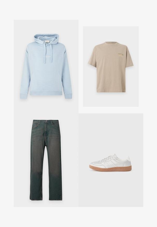 Ανοιχτό μπλε φούτερ με κουκούλα, τσέπη καγκουρό μπροστά, ρυθμιζόμενο κορδόνι στην κουκούλα, ριμπ μανσέτες και τελειώματα και διακριτικό λευκό κείμενο στο στήθος.; Μπεζ βαμβακερό T-shirt με κοντά μανίκια, στρογγυλή λαιμόκοψη και μικρό τύπωμα στο στήθος που γράφει "Originals Since 1990" σε πράσινο και μπεζ.; Σκούρο πράσινο τζιν με ευθεία γραμμή στα πόδια, διαθέτοντας κλασικό σχέδιο με πέντε τσέπες και αντίθετη ραφή κατά μήκος των ραφών.; Ασημένια αθλητικά παπούτσια με λεία υφή, σχέδιο με κορδόνια, τρυπητές λεπτομέρειες και υφή από καφέ καουτσούκ.