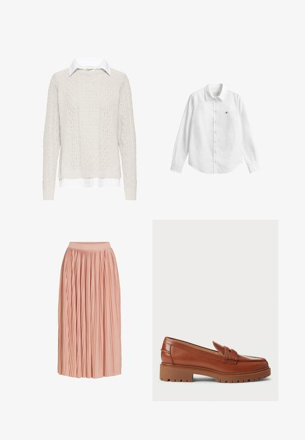 Pull crème en maille torsadée avec une chemise à col blanc en dessous. Comprend des manches longues, des poignets et un ourlet côtelés. Motif tricoté texturé.; Chemise blanche à manches longues avec boutons, fabriquée dans un tissu légèrement texturé. Dotée d'une poche avant avec un petit logo brodé et d'un col classique.; Jupe midi plissée rose clair avec une large ceinture, en tissu léger, présentée sur fond blanc.; Mocassins en cuir marron avec un design à bout mocassins, coutures visibles et une semelle en caoutchouc épaisse et texturée. Accent en métal doré.