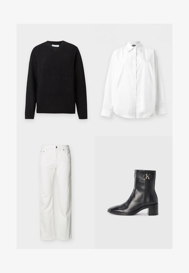 Pull noir en V en mélange de laine doux, avec des manches longues et des poignets et un ourlet côtelés. Conception simple et classique sans motifs ni accents.; Chemise blanche à manches longues avec col pointu, boutonnée, présentée à plat sur un fond blanc uni.; Jean blanc à jambes droites avec poches avant, passants pour ceinture, fermeture par bouton, et coutures visibles sur un fond uni.; Botte de cheville en cuir noir avec un bout pointu, un talon carré et une sangle avec un détail de logo métallique. Texture lisse et design minimaliste.