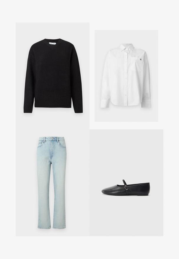 Pull noir en V en mélange de laine doux, avec des manches longues et des poignets et un ourlet côtelés. Conception simple et classique sans motifs ni accents.; Chemise blanche à manches longues avec boutons, col pointu et poche avant avec petit logo noir "CK" sur la poitrine gauche.; Jean bleu clair taille haute à jambes droites avec bouton avant, passants de ceinture et design classique à cinq poches sur fond uni.; Ballerines noires en cuir avec un bout pointu, une semelle plate et une petite sangle avec un détail de boucle en argent.