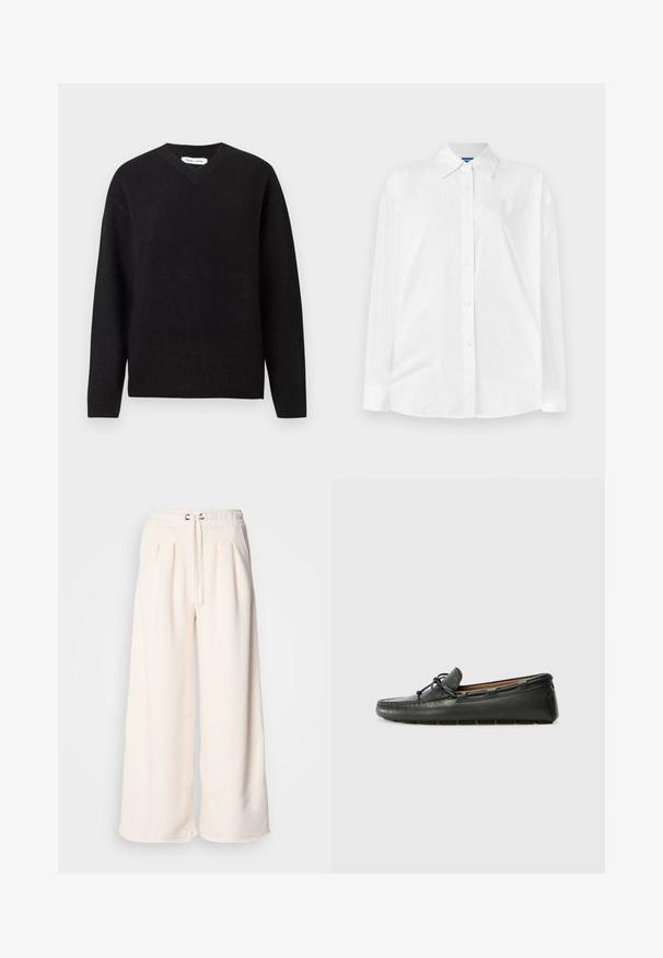 Pull noir en V en mélange de laine doux, avec des manches longues et des poignets et un ourlet côtelés. Conception simple et classique sans motifs ni accents.; Chemise blanche à manches longues avec col classique et boutons sur le devant, présentant un motif de logo en relief subtil et un ourlet droit. Texture de tissu lisse.; Pantalon large couleur crème en tissu doux, doté d'une taille élastique avec cordon de serrage et de plis à l'avant pour une meilleure forme.; Bateau en cuir noir avec un bout arrondi, des détails de couture, un petit accent en nœud et une semelle en caoutchouc. Texture lisse et design épuré.