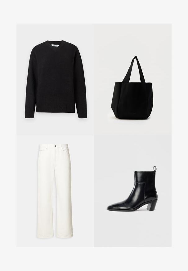 Pull noir en V en mélange de laine doux, avec des manches longues et des poignets et un ourlet côtelés. Conception simple et classique sans motifs ni accents.; Jean blanc à jambes larges avec boutons à l'avant, passants de ceinture et design à cinq poches.; Bottine en cuir noir avec un bout pointu, un talon empilé géométrique et une languette à l'arrière. Texture lisse et design épuré.; Sac cabas noir avec une texture côtelée verticale, deux poignées en tissu et une forme structurée. Design simple sans ferrures ni accents visibles.