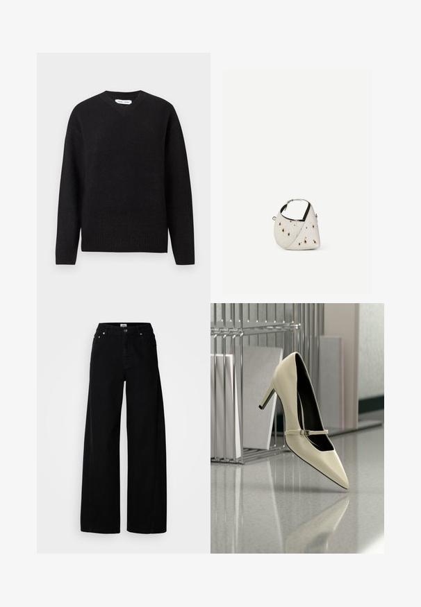 Pull noir en V en mélange de laine doux, avec des manches longues et des poignets et un ourlet côtelés. Conception simple et classique sans motifs ni accents.; Jean noir évasé en denim avec fermeture à bouton, design à cinq poches et finition soignée. Fabriqué à partir d'un tissu texturé pour plus de durabilité.; Chaussure à talon haut couleur crème avec une fine bride, posée sur un sol réfléchissant à proximité d'un organiseur de dossiers métallique contenant des papiers.; Petit sac à main blanc avec des taches marron, forme triangulaire arrondie, doublure intérieure noire et bandoulière courte réglable avec boucle argentée.