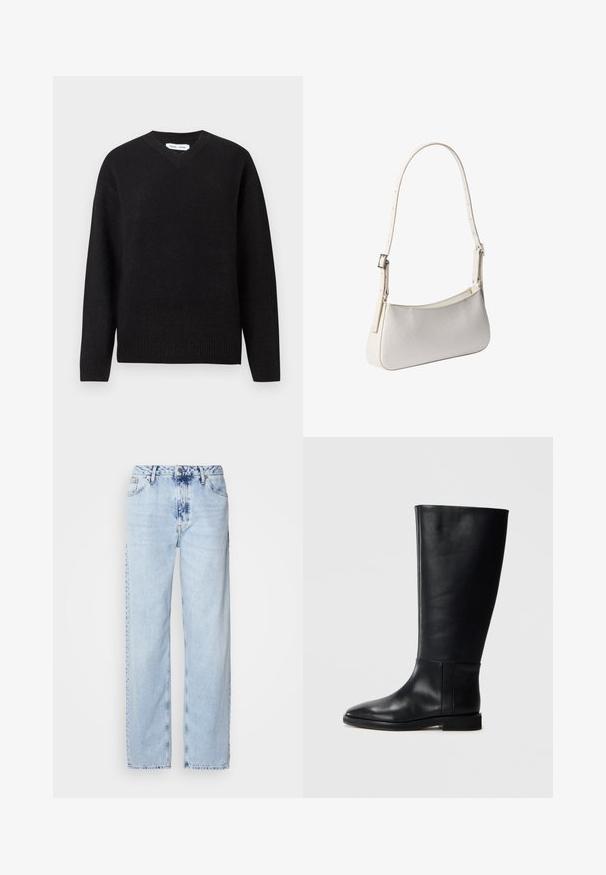 Pull noir en V en mélange de laine doux, avec des manches longues et des poignets et un ourlet côtelés. Conception simple et classique sans motifs ni accents.; Jeans large bleus clairs en denim, avec une taille haute, un lavage décoloré et un motif tie-dye subtil à l'avant.; Botte en cuir noir, montant jusqu'au genou, avec un bout arrondi, texture lisse, design minimaliste et semelle plate. Détails de couture simples sur la tige.; Sac à épaule blanc avec bandoulière réglable et motif texturé subtil, forme rectangulaire aux bords arrondis, boucle argentée sur la bandoulière.