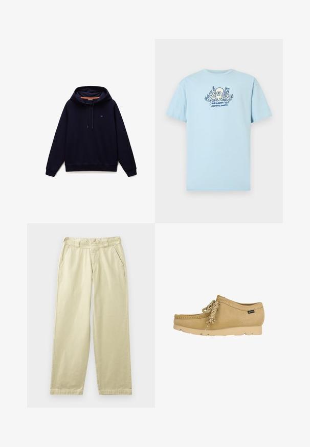 Sweat à capuche bleu marine avec cordons de serrage, poignets et ourlet côtelés, et un petit logo sur le côté gauche de la poitrine.; T-shirt en coton bleu clair avec un motif graphique d'une pieuvre et le texte "CARHARTT WIP GRAPHIC WORKS" en bleu foncé. Manches courtes, col rond.; Pantalon en coton beige à coupe décontractée, avec poches latérales, passants pour ceinture et jambes droites. Texture lisse avec des détails de couture minimaux.; Mocassin en daim beige avec semelle en caoutchouc, détail lacé et petite étiquette en tissu Gore-Tex sur le côté.