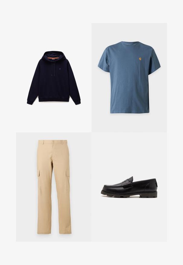 Marineblå pullover hættetrøje med snoretræk, ribkant ved ærmer og kant samt et lille logo på venstre bryst.; Kortærmet blå Carhartt T-shirt med en lille gul logo på venstre bryst vist på hvid baggrund.; Beige cargo bukser lavet af bomuld med lige snit, der har sidelommer og knaplukning i taljen. Glat tekstur, uden mønstre.; Sorte læder loafers med rund tå, dekorativ syning og en tekstureret ydersål for bedre greb. Let hævet hæl.