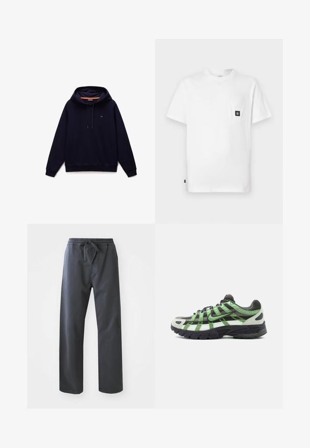 Marineblå pullover hættetrøje med snoretræk, ribkant ved ærmer og kant samt et lille logo på venstre bryst.; Hvid bomulds T-shirt med rund halsudskæring, korte ærmer og en brystlomme med en sort logopatch. Glat tekstur, løs pasform.; Sort, elastiske bukser med taljeelastik og snøre, der har et lige ben-design og en glat tekstur. Ingen synlige lommer eller mønstre.; Sort-hvid løbesko med grønne detaljer, mesh-overdel og tyk sort sål set fra siden på hvid baggrund.