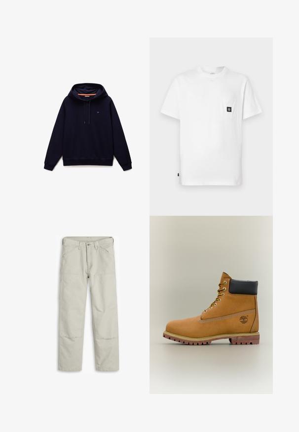 Sweat à capuche bleu marine avec cordons de serrage, poignets et ourlet côtelés, et un petit logo sur le côté gauche de la poitrine.; T-shirt en coton blanc avec encolure ronde, manches courtes et une poche poitrine ornée d'un patch logo noir. Texture lisse, coupe décontractée.; Pantalons en coton gris clair avec une coupe droite, plusieurs poches, des renforts aux genoux et des détails de coutures contrastées.; Bottine en cuir marron avec col noir, lacets jaunes et semelle beige. Présente un logo et des détails de couture blanche. Semelle extérieure à traction robuste.