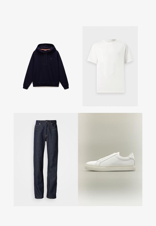 Sweat à capuche bleu marine avec cordons de serrage, poignets et ourlet côtelés, et un petit logo sur le côté gauche de la poitrine.; T-shirt blanc uni à manches courtes et col rond présenté sur un fond gris clair.; Jean en denim bleu foncé avec une coupe droite, présentant des surpiqûres cuivrées, un design à cinq poches, et une fermeture à glissière classique avec bouton.; Baskets blanches basses à lacets sur l’avant et semelle épaisse, vues de côté sur un fond neutre.