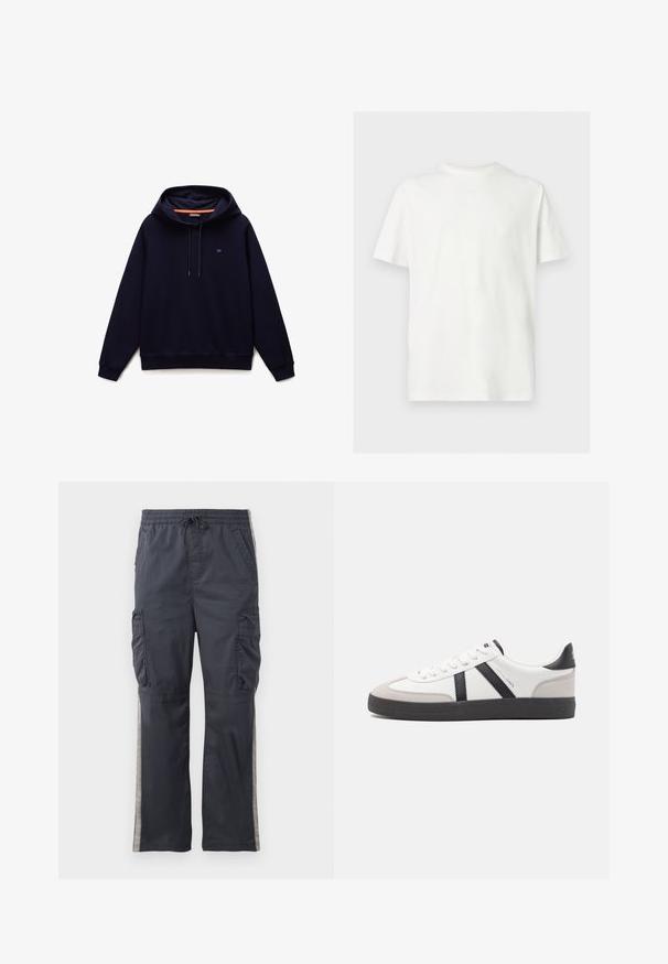 Sweat à capuche bleu marine avec cordons de serrage, poignets et ourlet côtelés, et un petit logo sur le côté gauche de la poitrine.; T-shirt blanc à manches courtes avec col rond et coupe décontractée sur un fond uni clair.; Pantalons cargo gris foncé avec une taille élastique, cordon de serrage et poches latérales. Présente des bandes latérales gris clair et une coupe décontractée.; Baskets blanches avec des accents noirs et gris, présentant un embout texturé gris, une semelle en caoutchouc noir et des lacets plats blancs. Design épuré, style minimaliste.