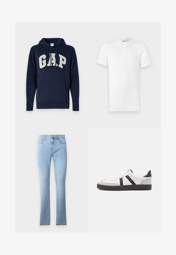 Hoodie en coton bleu marine avec un grand logo "GAP" gris clair, poche avant, et cordons de serrage à la capuche. Design classique avec des poignets côtelés.; T-shirt blanc uni à manches courtes et col rond, avec une petite étiquette de marque à l'intérieur du col, présenté sur un fond blanc.; Jeans en denim bleu clair évasés avec une taille mi-haute, cinq poches et des coutures contrastées. Texture lisse avec une coupe classique.; Baskets blanches avec des accents noirs et gris, présentant un embout texturé gris, une semelle en caoutchouc noir et des lacets plats blancs. Design épuré, style minimaliste.