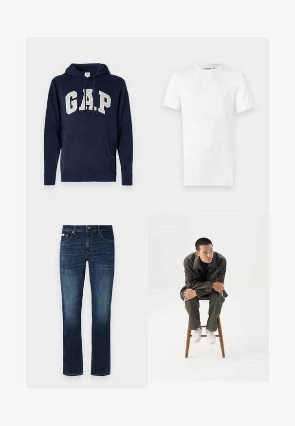 Hoodie en coton bleu marine avec un grand logo "GAP" gris clair, poche avant, et cordons de serrage à la capuche. Design classique avec des poignets côtelés.; T-shirt blanc uni à manches courtes et col rond, avec une petite étiquette de marque à l'intérieur du col, présenté sur un fond blanc.; Jeans en denim bleu foncé avec une coupe droite, présentant un design classique à cinq poches, du matériel en cuivre et des détails de décoloration subtils.; Jeune homme en veste en cuir foncée et jean, assis sur un tabouret en bois, penché en avant, les bras croisés, regardant sur le côté sur fond blanc.
