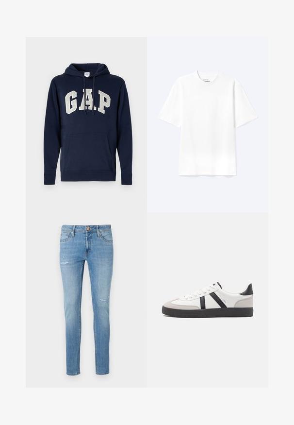 Hoodie en coton bleu marine avec un grand logo "GAP" gris clair, poche avant, et cordons de serrage à la capuche. Design classique avec des poignets côtelés.; T-shirt blanc uni à manches courtes et col rond avec une coupe décontractée, présenté sur un fond clair.; Jean en denim bleu clair avec une coupe slim, présentant des détails légèrement déchirés et un design à cinq poches, fini par une fermeture à bouton standard.; Baskets blanches avec des accents noirs et gris, présentant un embout texturé gris, une semelle en caoutchouc noir et des lacets plats blancs. Design épuré, style minimaliste.