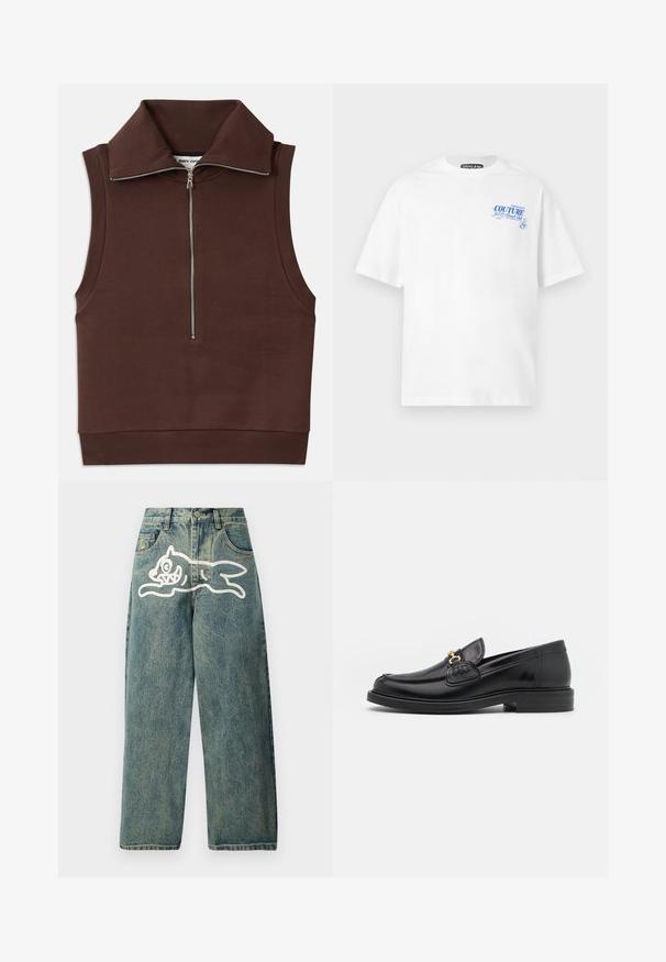 Bruine mouwloze top met een hoge kraag, voorzien van een ritssluiting aan de voorkant en ribbelstructuur bij de kraag en zoom. Glad materiaal met minimale naden.; Wit T-shirt met korte mouwen en blauwe tekst "Versace Jeans Couture Beach Club" met een kleine golfafbeelding op de linkerborst.; Lichtblauwe denim jeans met een losse pasvorm, met een grote afbeelding van een witte kat op het linkerbeen en een traditionele vijf-pocket ontwerp.; Zwarte leren instappers met een ronde neus, voorzien van een gouden hardware accent en stikdetails, geplaatst op een lage, getextureerde rubberen zool.