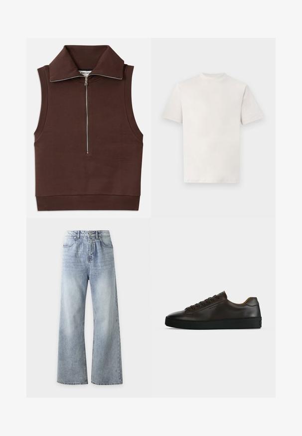 Brun ærmeløs top med høj krave, featuring en frontlynlås og ribbet tekstur ved kraven og kanten. Glat stof med minimale sømme.; Hvid kortærmet t-shirt med rund hals, vist fladt på en hvid baggrund.; Lysblå jeans med høj talje og vide ben, forlommer, knaplukning og falmet vask på lår og knæ.; Lavprofil mørkebrune lædersneaker med sort gummisål, snørelukning foran og glat minimalistisk design på lys baggrund.