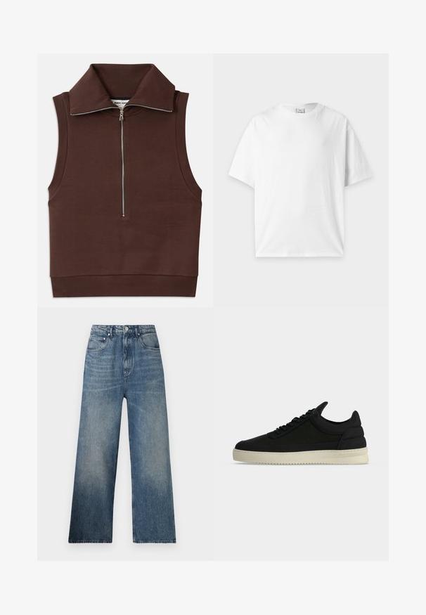 Brun ærmeløs top med høj krave, featuring en frontlynlås og ribbet tekstur ved kraven og kanten. Glat stof med minimale sømme.; Almindelig hvid kortærmet t-shirt med rund hals lagt fladt på en lysegrå baggrund.; Blå denim bredbenede jeans med høj talje, subtilt slid, fem lommer og metalknaplukning foran.; Sort low-top sneaker med sorte snørebånd og en tyk off-white sål, vist fra højre side på en ensfarvet baggrund.