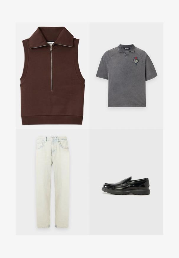 Brauner ärmelloser Oberteil mit hohem Kragen, ausgestattet mit einem Frontreißverschluss und geripptem Stoff am Kragen und Saum. Glattes Material mit minimalen Nähten.; Graues Poloshirt mit kurzen Ärmeln, einem kleinen gestickten Herz- und Blumendesign auf der linken Brust und einer dezenten gewaschenen Textur.; Hellblaue Jeans aus Denim mit lockerem Schnitt, Fünf-Taschen-Design und geraden Beinen. Sie weisen ausgewaschene Bereiche und gesteppte Details auf.; Schwarze Lederloafer mit glanzendem Finish, abgerundetem Zehenbereich, subtilen Steppnähten und einer dicken Gummisohle für Langlebigkeit.