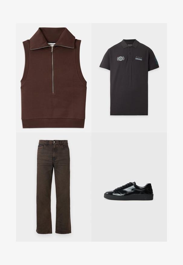 Brun ærmeløs top med høj krave, featuring en frontlynlås og ribbet tekstur ved kraven og kanten. Glat stof med minimale sømme.; Sort polo med korte ærmer, krave, to knapper, Hollister-logo, broderet emblem på brystet og tallet 99 på højre ærme.; Mørkebrune jeans med lige ben, forlommer, bæltestropper og knaplukning foran på en ensfarvet baggrund.; Sorte laklæder sneakers med rund tå, snørredesign, tekstureret gummisål og en glat overflade.