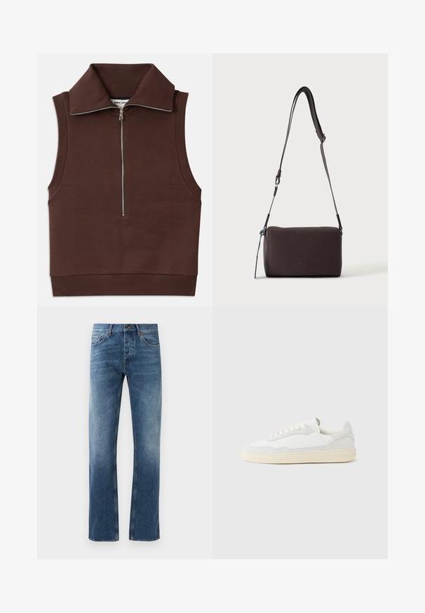 Bruine mouwloze top met een hoge kraag, voorzien van een ritssluiting aan de voorkant en ribbelstructuur bij de kraag en zoom. Glad materiaal met minimale naden.; Blauwe denim jeans met een rechte pijpdesign, vervaagde wassing, vijf zakken en contrasterende stiksels. Knopen- en ritssluiting bij de tailleband.; Witte sneaker met een bovenwerk van gestructureerd suède en leer. Voorzien van een afgeronde neus, vetersluiting en een contrasterende beige rubberen zool.; Donkerbruine gestructureerde leren crossbodytas met verstelbare riem en klein decoratief blauw accent aan de zijkant.