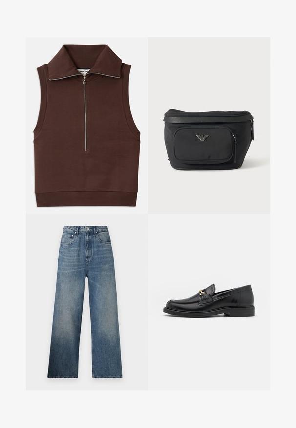 Brun ærmeløs top med høj krave, featuring en frontlynlås og ribbet tekstur ved kraven og kanten. Glat stof med minimale sømme.; Blå denim bredbenede jeans med høj talje, subtilt slid, fem lommer og metalknaplukning foran.; Sorte læder loafers med en rund tå, der har guld hardware accent og syningsdetaljer, placeret på en lav, tekstureret gummisål.; Sort bæltetaske med frontlynlåslomme og sølv ørn-logo, glat stof med tekstureret kant og lynlåstræk.