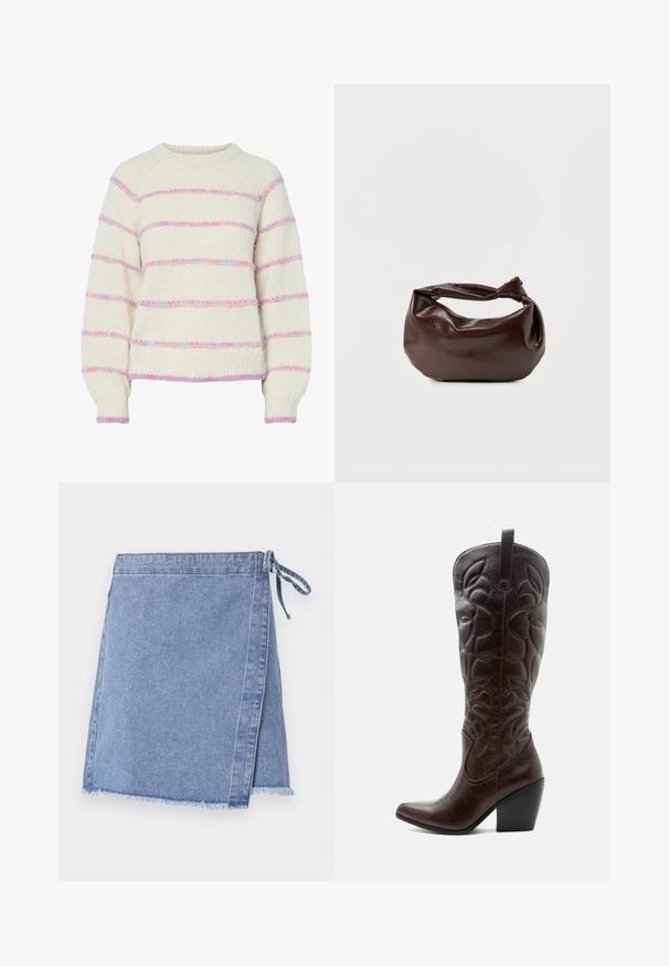 Kremfarvet strikketrøje med pink og blå, lodne, vandrette striber, lange ærmer samt ribstrikkede manchetter og kant.; Lysblå denim omslagskirt med bundet lukning, frynset kant og lige snit med en svag A-form.; Høj mørkebrun læder cowboystøvle med syede dekorative mønstre, spids tå og stablet blokhæle.; Mørkebrun læder skuldertaske med en blød, afslappet form og et snoet knudehåndtag på en ensartet hvid baggrund.