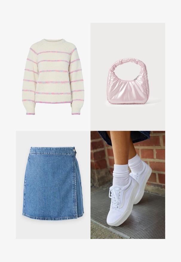 Kremfarvet strikketrøje med pink og blå, lodne, vandrette striber, lange ærmer samt ribstrikkede manchetter og kant.; Denim miniskørt med blå vask, har en frontklap, to metalknapper og synlig syning langs kanten og kanterne.; Hvide lærreds sneakers med gummisåler, der har seks snørehuller, rund tå og let sømdetaljer, krydret med hvide ankelstrømper.; Rosa, polstret håndtaske med afrundet design, lavet af skinnende materiale. Har et samlet håndtag og en lynlås til sikker adgang.
