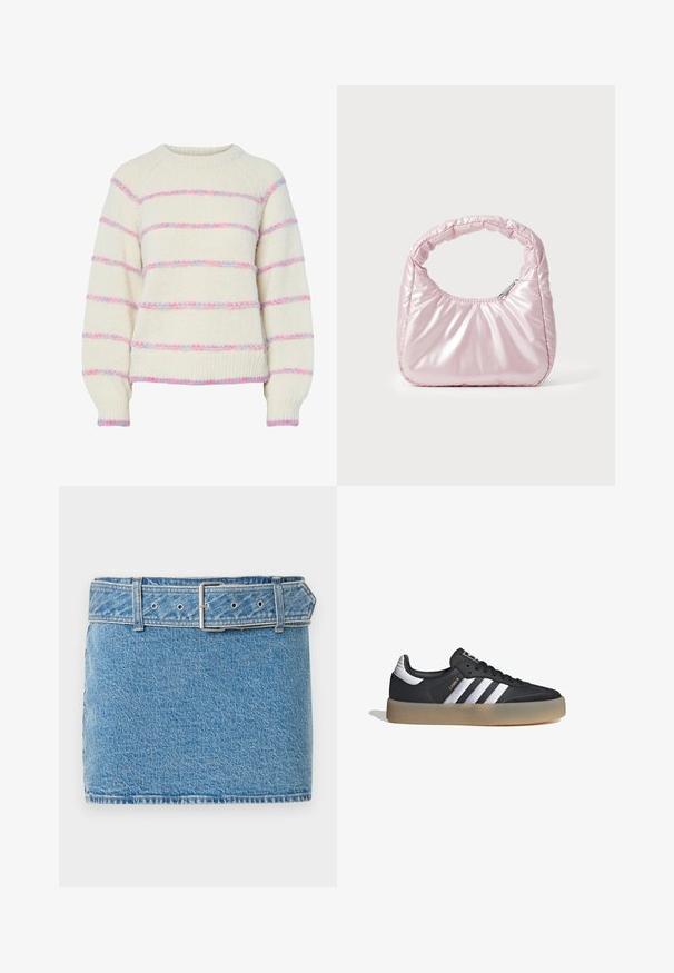 Suéter de punto color crema con rayas horizontales peludas en rosa y azul, mangas largas y puños y dobladillo acanalados.; Abercrombie & Fitch CLASSIC BELTED SCARLETTE MINI SKORT - Falda vaquera - blue denim; Zapatilla deportiva de cuero negro con tres rayas plateadas, punta texturizada y suela de goma. Cuenta con un collar acolchado y un diseño con cordones.; Bolso de mano acolchado en color rosa con un diseño redondeado, fabricado en material brillante. Presenta un asa fruncida y un cierre de cremallera para un acceso seguro.
