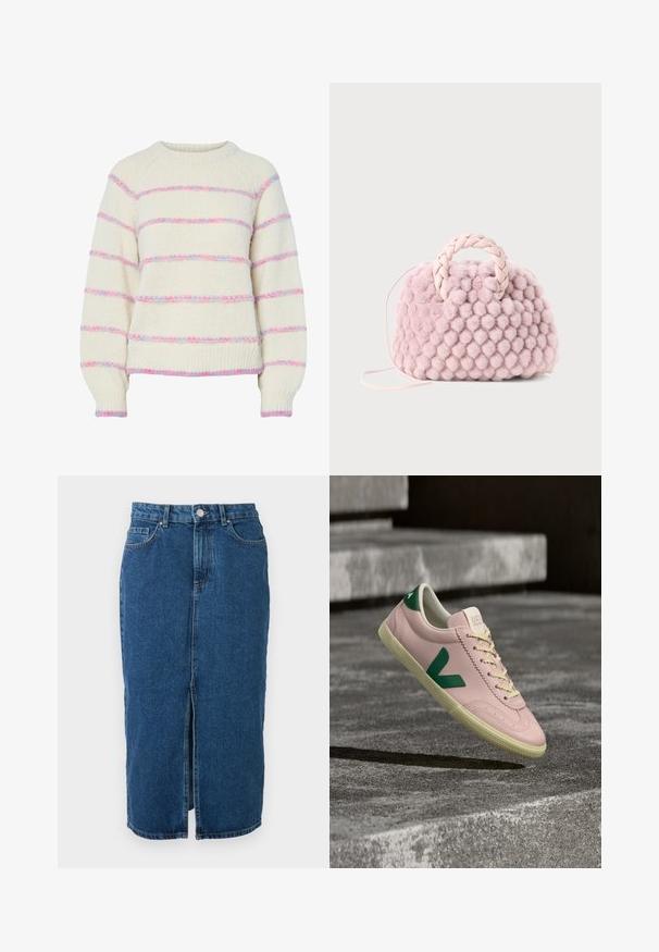 Pull en maille crème avec des rayures horizontales duveteuses roses et bleues, manches longues, poignets et ourlet côtelés.; Jupe mi-longue en denim bleu avec une fente centrale à l'avant, passants de ceinture, poches avant et fermeture par bouton à la taille.; Baskets en cuir rose clair avec accents verts et lacets blancs. Dotées d'un embout texturé et d'une semelle en caoutchouc beige rainurée.; Sac à main en pompon rose texturé avec une poignée tressée et une fine sangle. Forme ronde, surface douce, design compact.