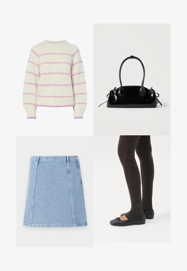 Kremfarvet strikketrøje med pink og blå, lodne, vandrette striber, lange ærmer samt ribstrikkede manchetter og kant.; Lysblå denimnederdel med lige snit, synlige sømdetaljer og en sidelomme. Materialet har en struktureret overflade med en blød finish.; Ben iført mørke ribbede leggings kombineret med sorte balletsko med små sløjfedetaljer på hvid baggrund.; Lille sort blank håndtaske med to lange håndtag og snøre-detaljer i siden på en ensfarvet lys baggrund.