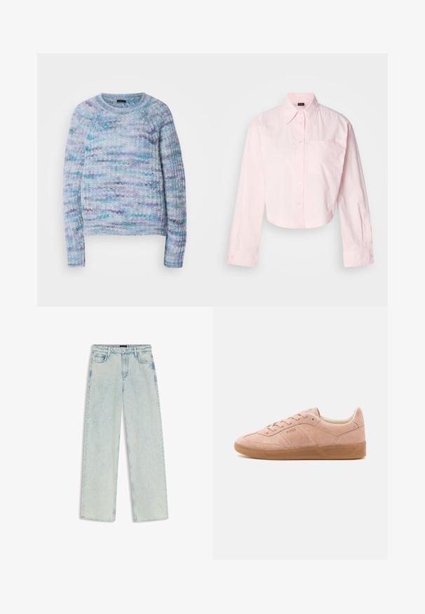 Suéter de punto en azul claro, violeta y aqua con una superficie texturizada, cuello redondo y puños de canalé. Sin cierres visibles.; Camisa de botones de manga larga en color rosa claro, con un bolsillo en el pecho y detalles bordados en el bolsillo. Hecha de tela de algodón.; Vaqueros rectos de tiro alto en azul claro con cierre de botón y cremallera, bolsillos delanteros y traseros, y presillas para el cinturón.; Zapatillas de ante rosa claro con suela de goma, punta redondeada y cierre con cordones. Presenta una marca mínima en el lateral y en el talón.
