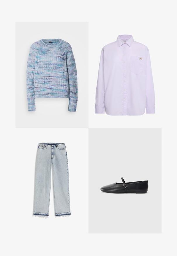 Gebreide trui in lichtblauw, violet en aqua met een gestructureerd oppervlak, ronde hals en geribbelde manchetten. Geen zichtbare sluitingen.; Lichtpaarse blouse met lange mouwen en knopen, met een borstzakje aan de linkerkant en een klein Calvin Klein logo boven het zakje.; Lichtblauwe denim jeans met wijde pijpen, hoge taille, knoop- en ritssluiting, zakken aan de voorkant en rafelige zoom.; Zwarte leren balletschoenen met een spitse neus, platte zool en een kleine strap met een zilveren gespsluiting.