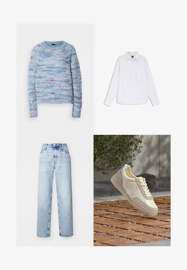 Suéter de punto en azul claro, violeta y aqua con una superficie texturizada, cuello redondo y puños de canalé. Sin cierres visibles.; Camisa blanca de manga larga con botones, con sutiles rayas verticales y un bolsillo en el pecho, mostrada extendida.; Jeans de tiro alto color azul claro con un corte holgado, que cuentan con piernas rectas, cinco bolsillos y un cierre clásico de botones y cremallera.; Zapatilla beige y crema con detalle plateado en el talón, cordones atados, situada sobre una superficie de madera con baldosas, con vegetación desenfocada y pared de fondo.