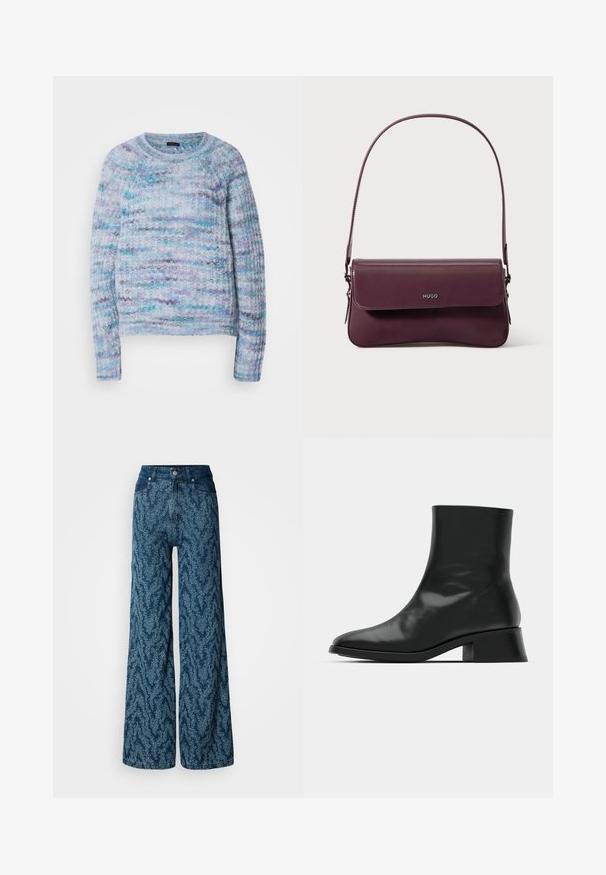 Gebreide trui in lichtblauw, violet en aqua met een gestructureerd oppervlak, ronde hals en geribbelde manchetten. Geen zichtbare sluitingen.; Wijd uitlopende jeans met hoge taille in donkerblauw denim, voorzien van een lichtblauw abstract gevlekt patroon, met knoopsluiting aan de voorkant en zakken.; Zwarte enkelboot van glanzend leer, met een slank ontwerp, spitse neus en een gematigde blokhak voor stabiliteit.; Bordeauxrode leren handtas met een gestructureerd ontwerp, voorzien van een klepsluiting en een verstelbare riem. Logo detail geperst aan de voorkant.