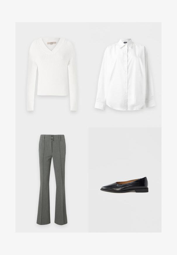 Suéter blanco de punto acanalado con escote en V, mangas largas y diseño corto; presenta un acabado texturizado y puños ajustados.; Camisa blanca de manga larga con botones y cuello puntiagudo, mostrada extendida sobre un fondo blanco liso.; Pantalones grises acampanados hechos de tela texturizada. Presentan dos botones en la cintura y detalles en la costura frontal.; Zapato plano de cuero negro con punta puntiaguda y tacón cuadrado bajo. Textura lisa, diseño minimalista y sin elementos visibles ni patrones.