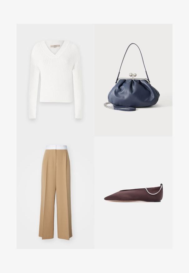 Pull en tricot côtelé blanc avec un col en V, des manches longues et une coupe courte ; présente une finition texturée et des poignets ajustés.; Pantalons à jambes larges en tissu brun clair avec une taille blanche contrastante. Présente des lignes épurées et sans motifs ou embellissements visibles.; Chaussure plate marron foncé à bout pointu avec un petit talon et un détail chaîne en strass argentée à l'arrière.; Sac à main en cuir bleu marine doux avec fermeture à boucle argentée, une seule bandoulière, et une chaîne de poignet amovible sur fond blanc.