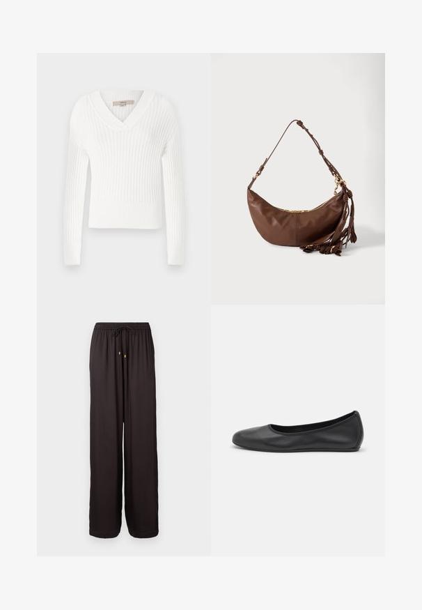 Pull en tricot côtelé blanc avec un col en V, des manches longues et une coupe courte ; présente une finition texturée et des poignets ajustés.; Pantalons noirs amples avec taille élastique et cordon de serrage avec embouts dorés, jambes droites et longueur complète.; Ballerines en cuir noir avec un bout rond, texture lisse, détails de couture minimalistes et design de semelle flexible.; Sac à bandoulière en cuir marron en forme de croissant avec une fermeture éclair dorée et plusieurs pampilles en cuir suspendues à la sangle sur fond blanc.