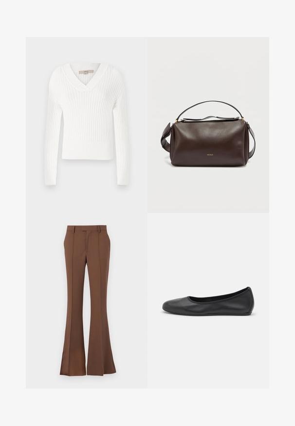 Suéter blanco de punto acanalado con escote en V, mangas largas y diseño corto; presenta un acabado texturizado y puños ajustados.; Pantalones acampanados marrones fabricados en una tela suave, con un frente plano, trabillas para cinturón y un ajuste entallado con sutiles detalles de pliegue.; Bailarina de piel negra con punta redondeada, textura suave, detalle de costura minimalista y diseño de suela flexible.; Bolso de hombro de cuero marrón con un diseño estructurado, que presenta un logo dorado, cierre superior con cremallera y una correa desmontable. Textura suave.