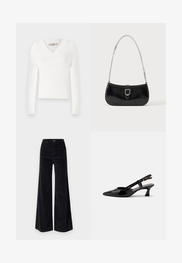 Suéter blanco de punto acanalado con escote en V, mangas largas y diseño corto; presenta un acabado texturizado y puños ajustados.; Pantalones de pana anchos en color negro, con cintura alta, cierre de botón y bolsillos frontales. Textura suave con un patrón de costillas verticales.; Zapato slingback de charol negro con tacón bajo, punta puntiaguda y correa ajustable con hebilla dorada sobre fondo blanco.; Bolso de hombro de charol negro con detalle de hebilla plateada y correa de cadena plateada, presentado sobre un fondo liso y claro.
