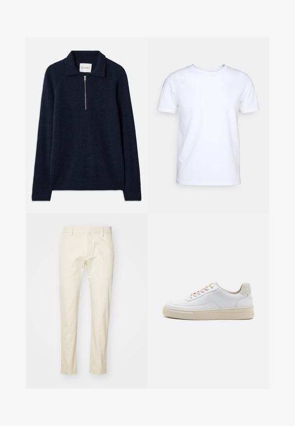 Suéter de color azul marino con cuello con cremallera, hecho de un material de punto suave. Presenta mangas raglán y puños y dobladillo acanalados.; Camiseta blanca de manga corta en tejido de algodón con cuello redondo. Diseño simple sin patrones ni acentos. Textura suave.; Pantalones de algodón beige con un diseño de pierna recta, cremallera frontal y bolsillos planos. Tejido texturizado con un acabado suave.; Zapatilla blanca con parte superior de cuero suave, cordones beige y un tirador de talón de ante beige texturizado. Suela elevada para mayor altura.